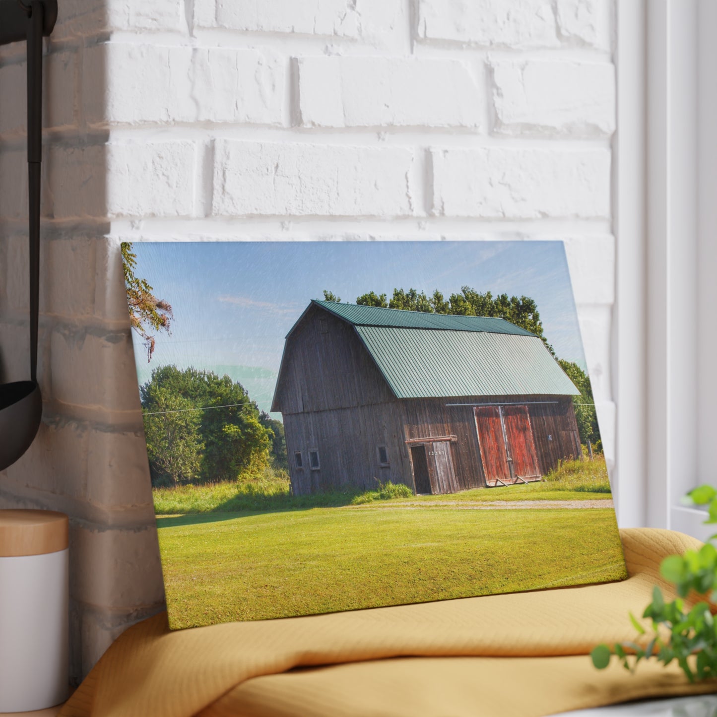 U R There Photography Red Door Barn of Mount Morris Road Rustic Farmhouse Tempered-Glass Cutting Board