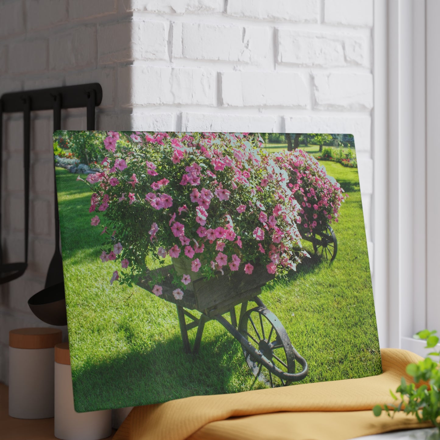 Barn Boutique Rustic Tempered-Glass Cutting Board| Wheelbarrow Full of Flowers