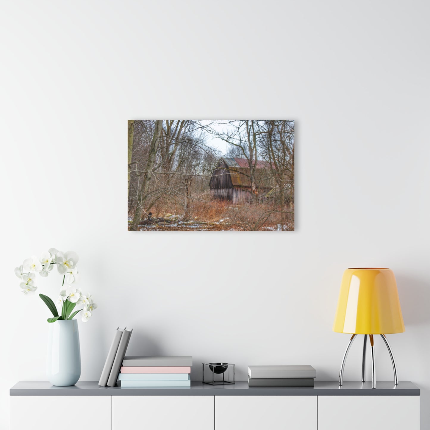 U R There Photography West Barnes Lake Hidden Red Rustic Farmhouse Acrylic Wall Print