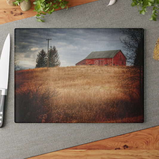 U R There Photography Grey Road Hillside Red II Rustic Farmhouse Tempered-Glass Cutting Board