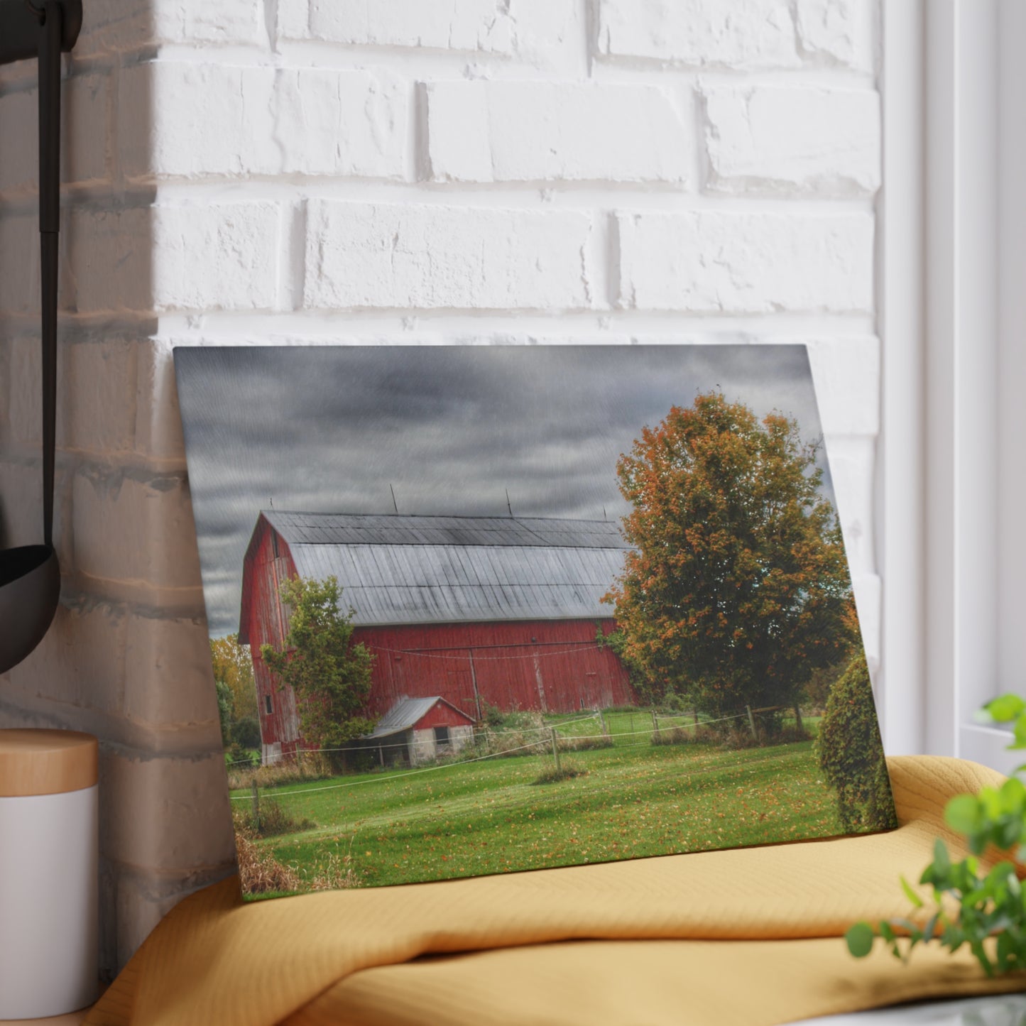 U R There Photography Columbiaville Red in Fall II Rustic Farmhouse Tempered-Glass Cutting Board