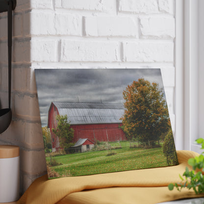 U R There Photography Columbiaville Red in Fall II Rustic Farmhouse Tempered-Glass Cutting Board