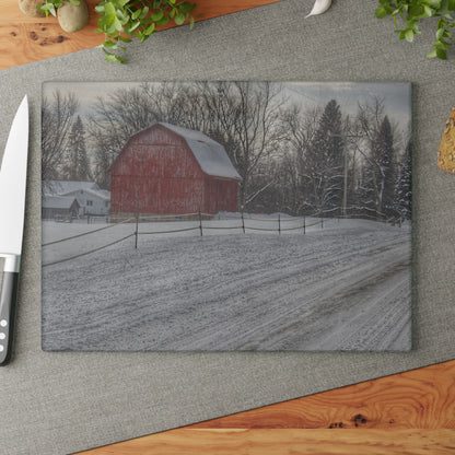 U R There Photography Phillips Road Winter Red Rustic Farmhouse Tempered-Glass Cutting Board