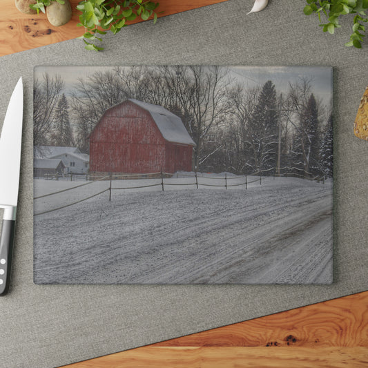 U R There Photography Phillips Road Winter Red Rustic Farmhouse Tempered-Glass Cutting Board