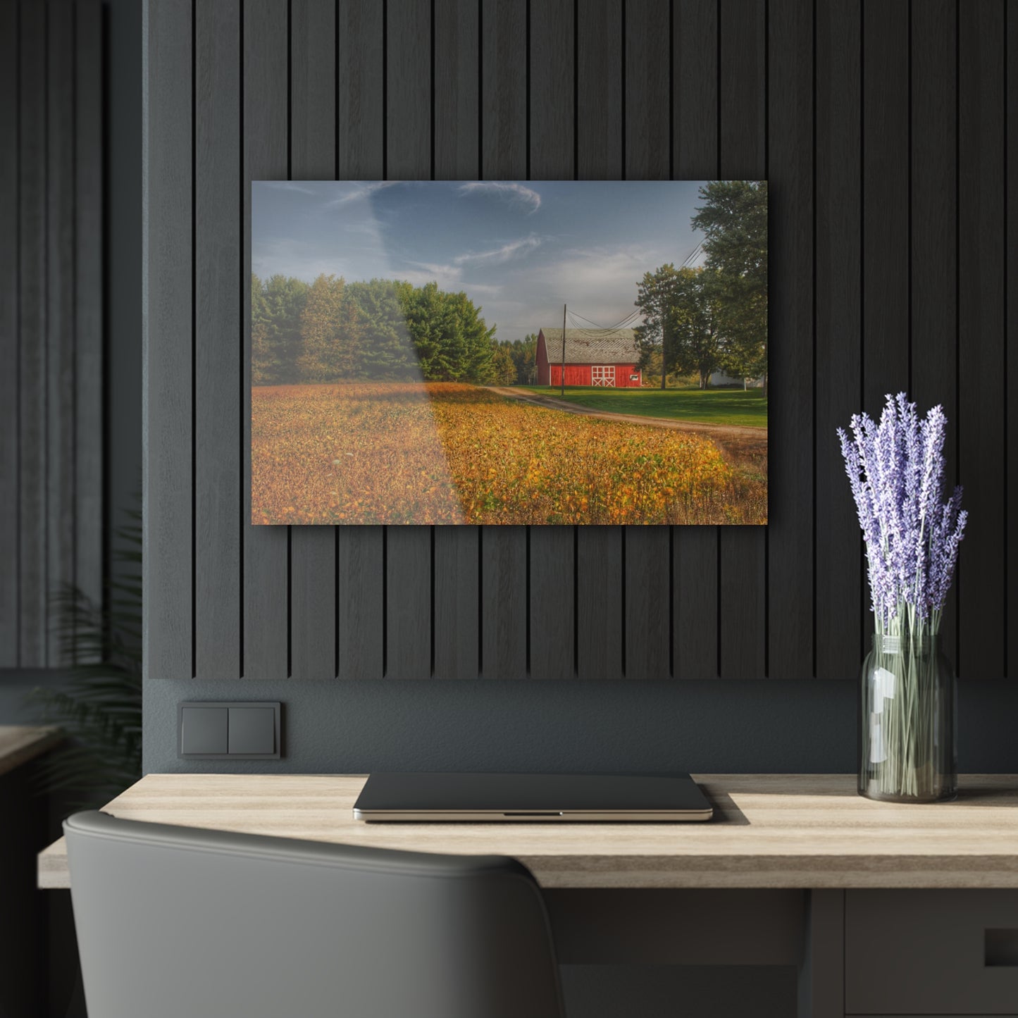 U R There Photography Red Barn on Golden Field Rustic Farmhouse Acrylic Analog Wall Clock