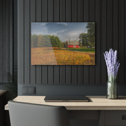 U R There Photography Red Barn on Golden Field Rustic Farmhouse Acrylic Analog Wall Clock