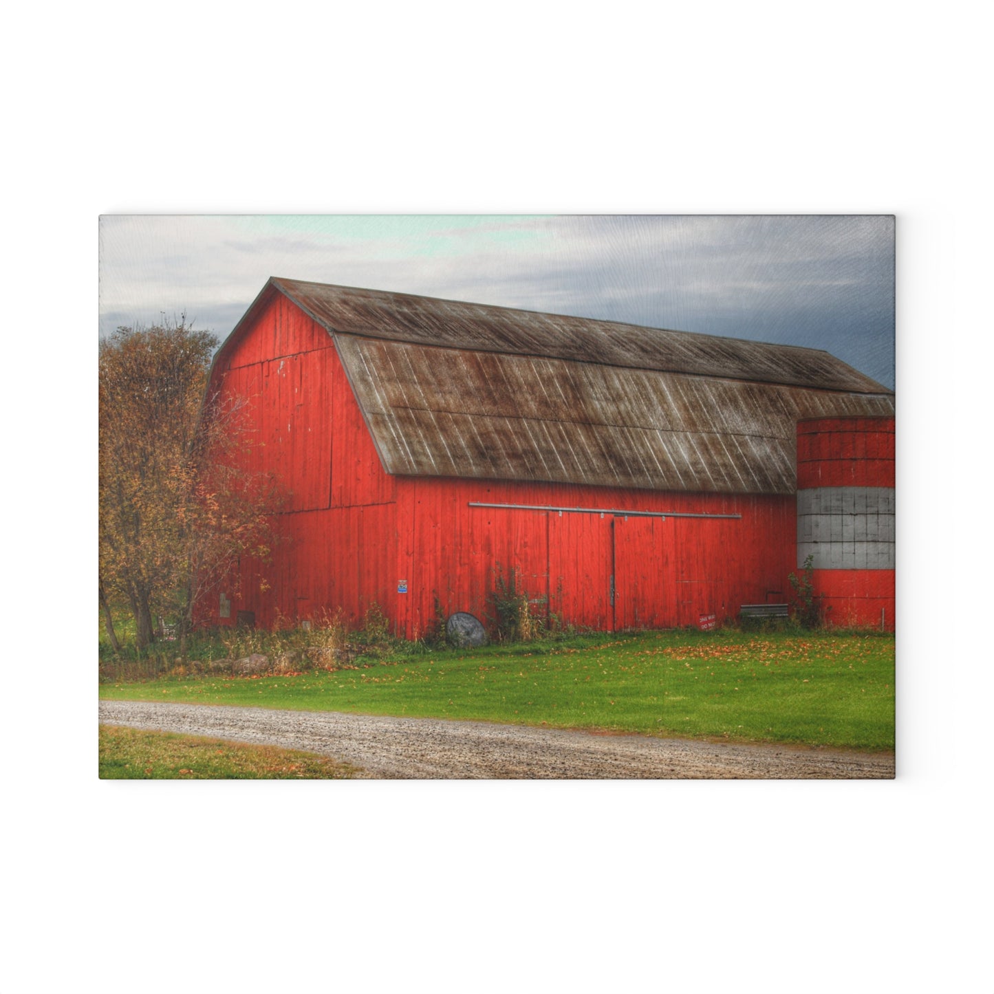 U R There Photography Oak Road Barber Barn I Rustic Farmhouse Tempered-Glass Cutting Board