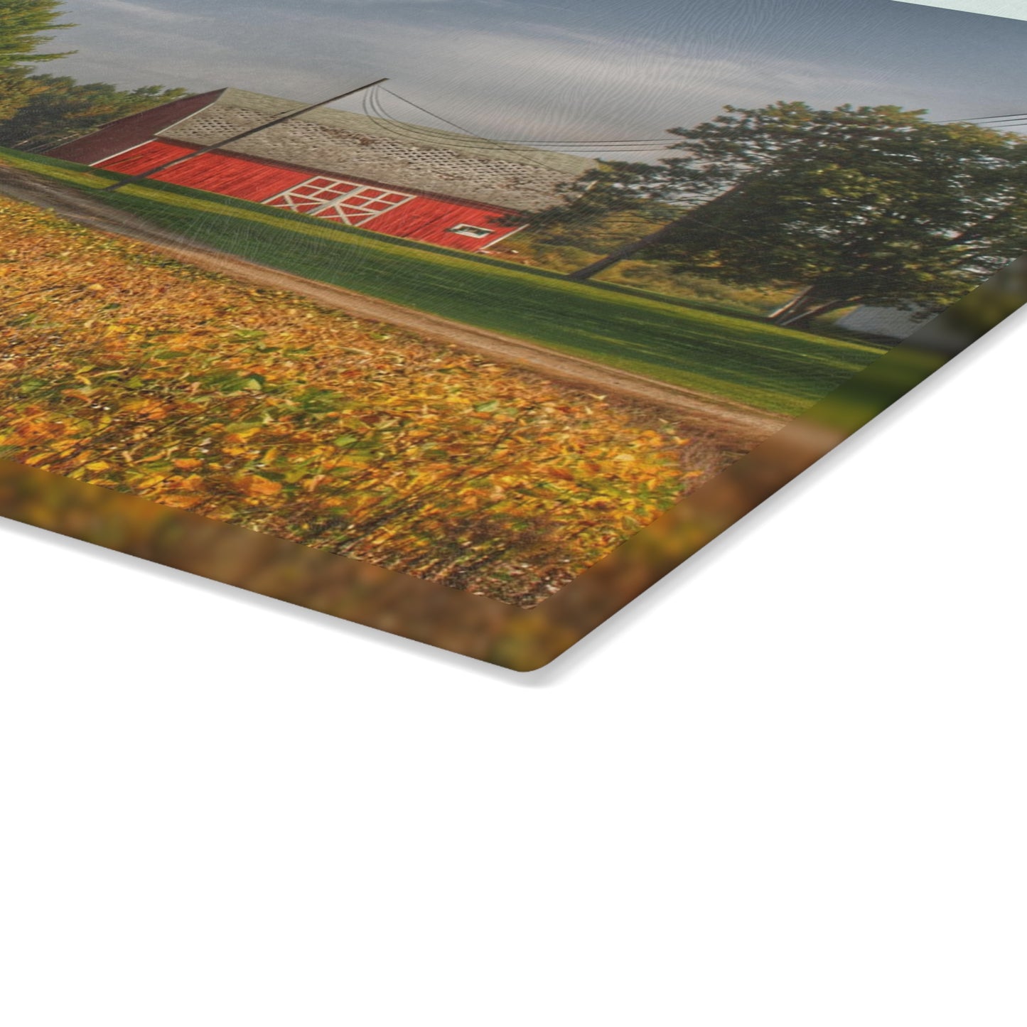 U R There Photography Red Barn on Golden Field Rustic Farmhouse Tempered-Glass Cutting Board