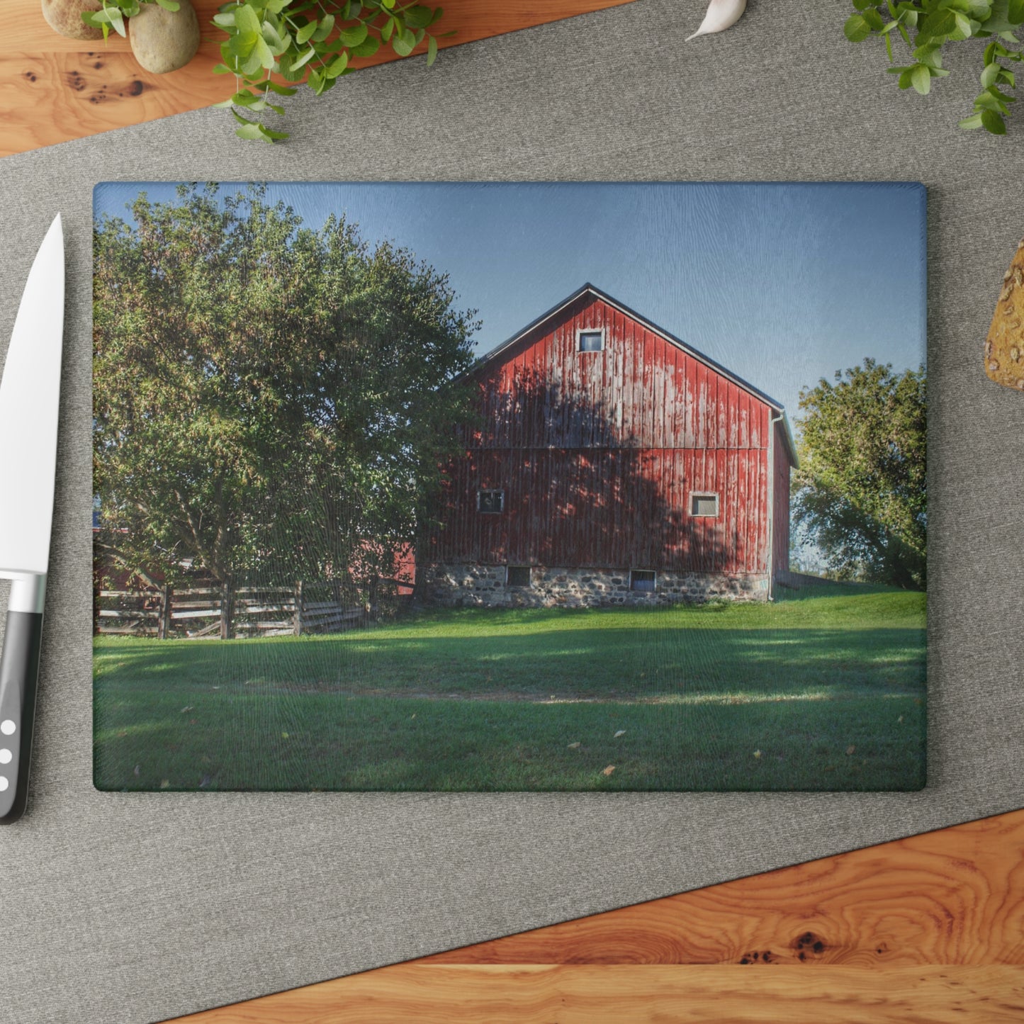 U R There Photography Five Lakes Red III Rustic Farmhouse Tempered-Glass Cutting Board 8"x 11"