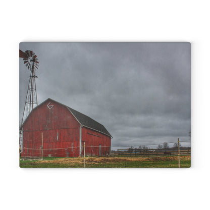 U R There Photography West Lake Road Red Barn and Windmill Rustic Farmhouse Tempered-Glass Cutting Board