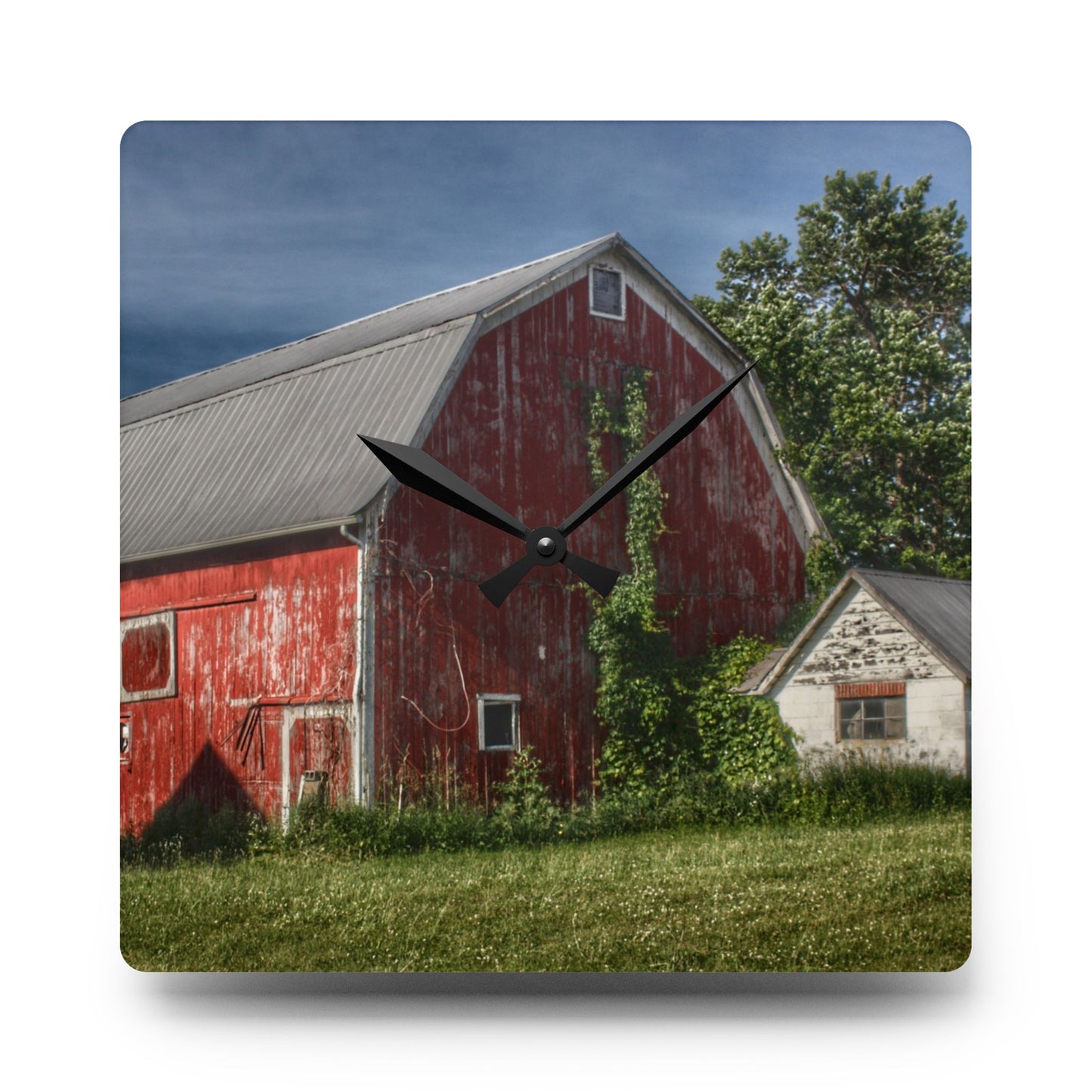 U R There Photography Stanley Road Red in Summer I Rustic Farmhouse Acrylic Analog Wall Clock