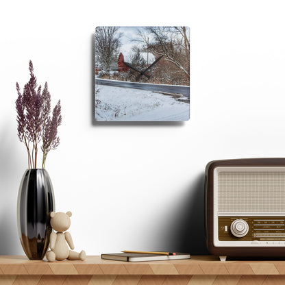 U R There Photography Dodge Road Winter Red Rustic Farmhouse Acrylic Analog Wall Clock