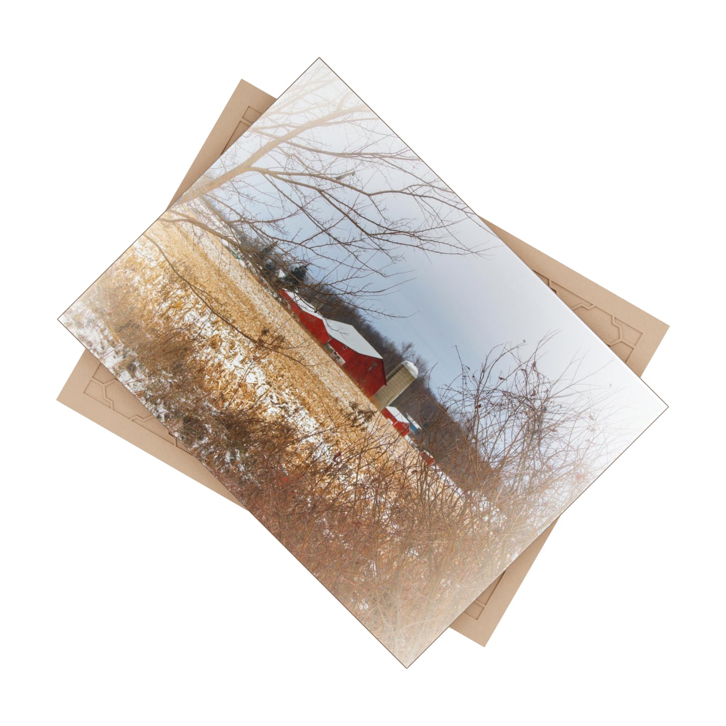 U R There Photography Brook Road Red in Winter Rustic Farmhouse Decorative Ceramic Tile 6" × 8" Glossy
