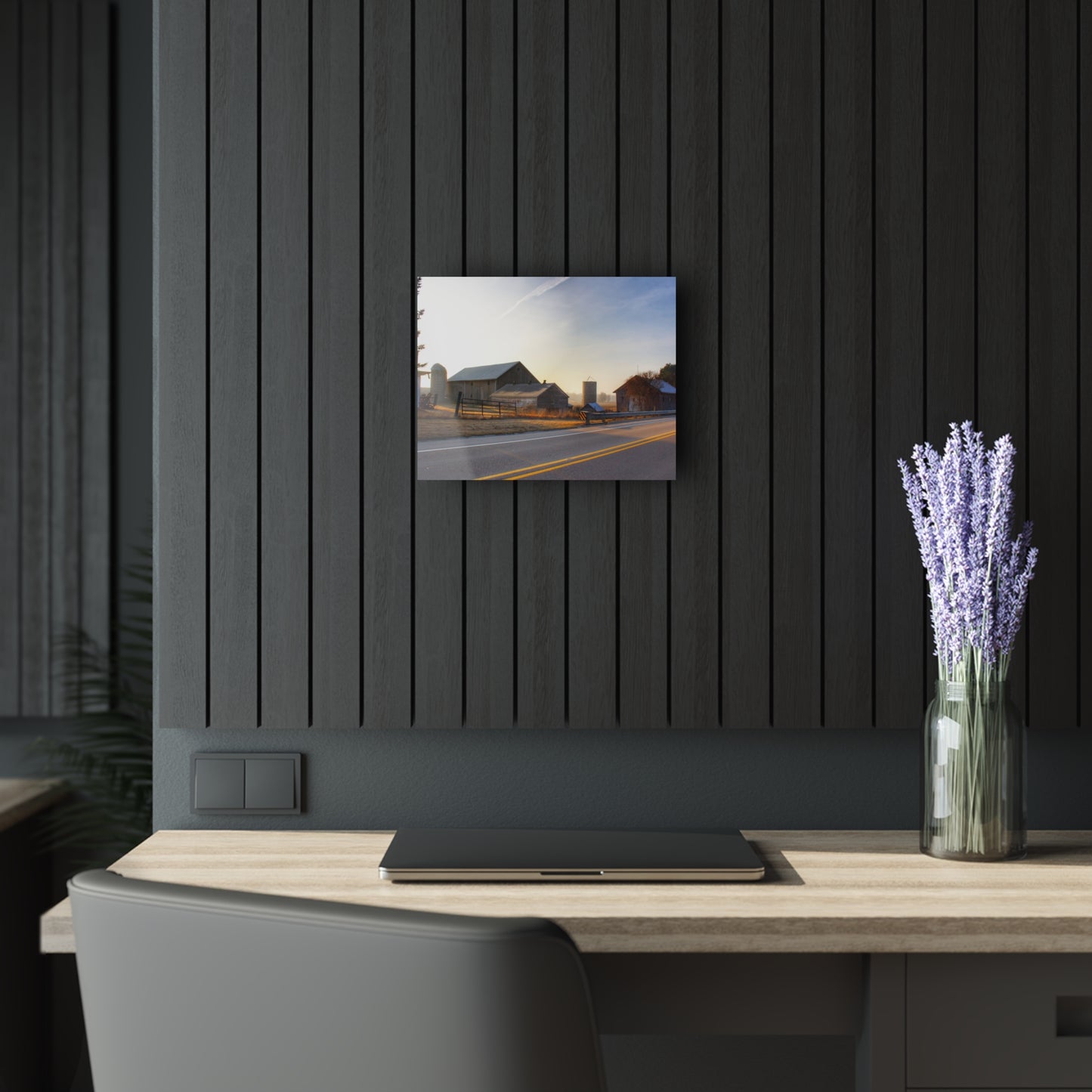 U R There Photography Wilder Road Foggy Morning Greys Rustic Farmhouse Acrylic Wall Print