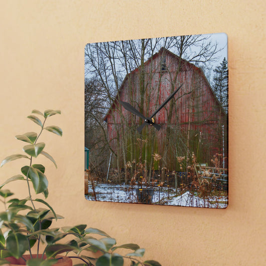 U R There Photography LeValley Road Red Rustic Farmhouse Acrylic Analog Wall Clock