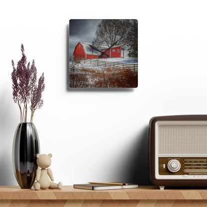 U R There Photography Catlin Red and Fence I Rustic Farmhouse Wall Clock