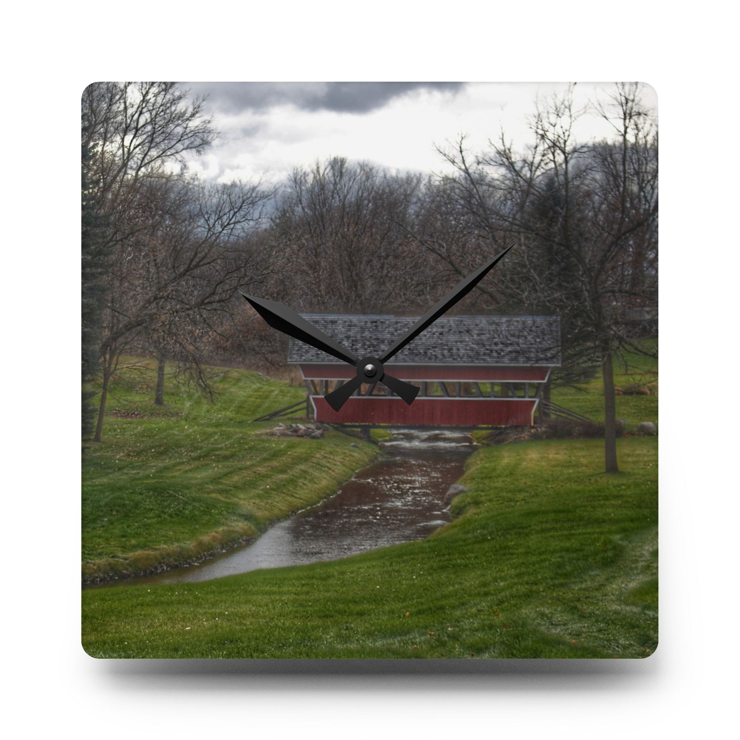 U R There Photography Hadley Covered Bridge III Rustic Farmhouse Acrylic Analog Wall Clock