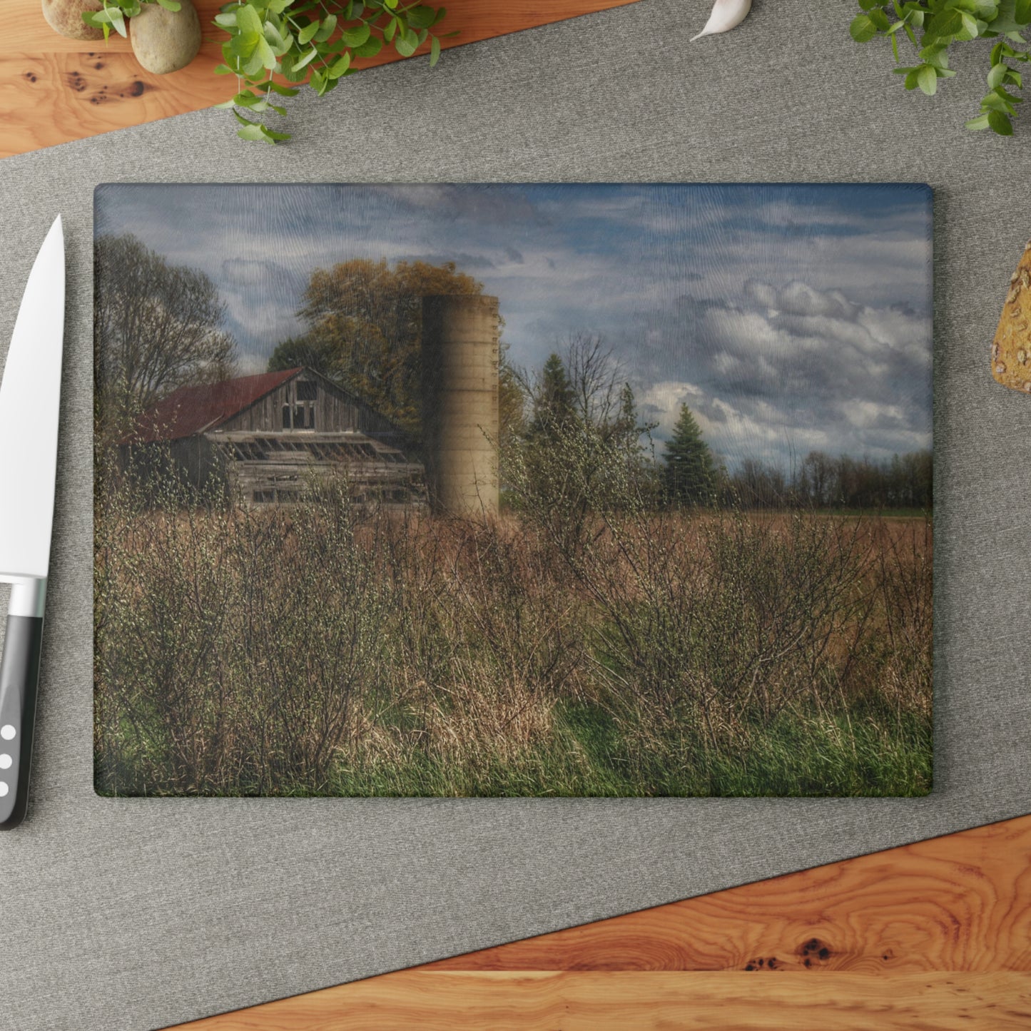 U R There Photography Old Wooden Barn and Silo I Rustic Farmhouse Tempered-Glass Cutting Board