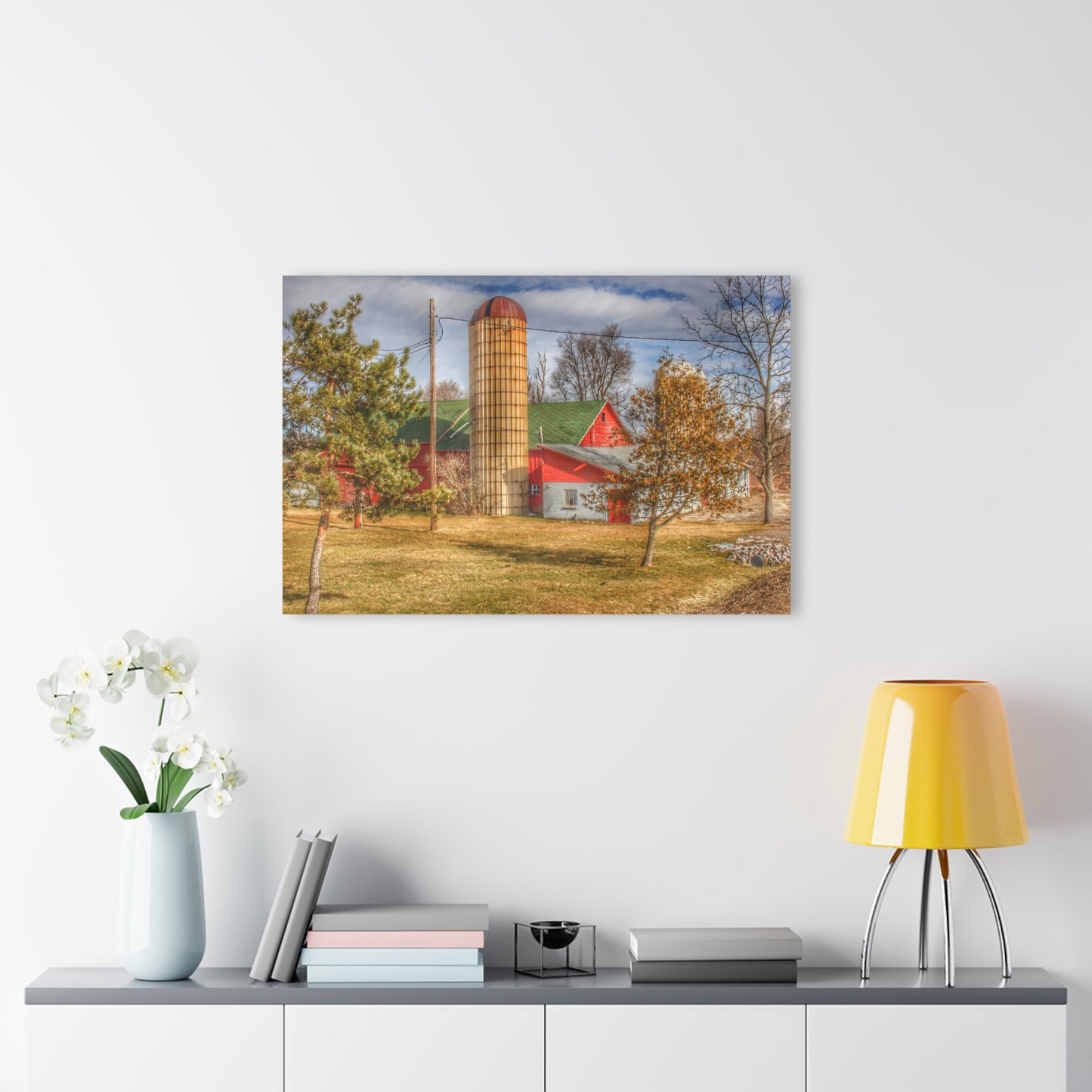 U R There Photography Newark Road Red and Silos II Rustic Farmhouse Acrylic Wall Print