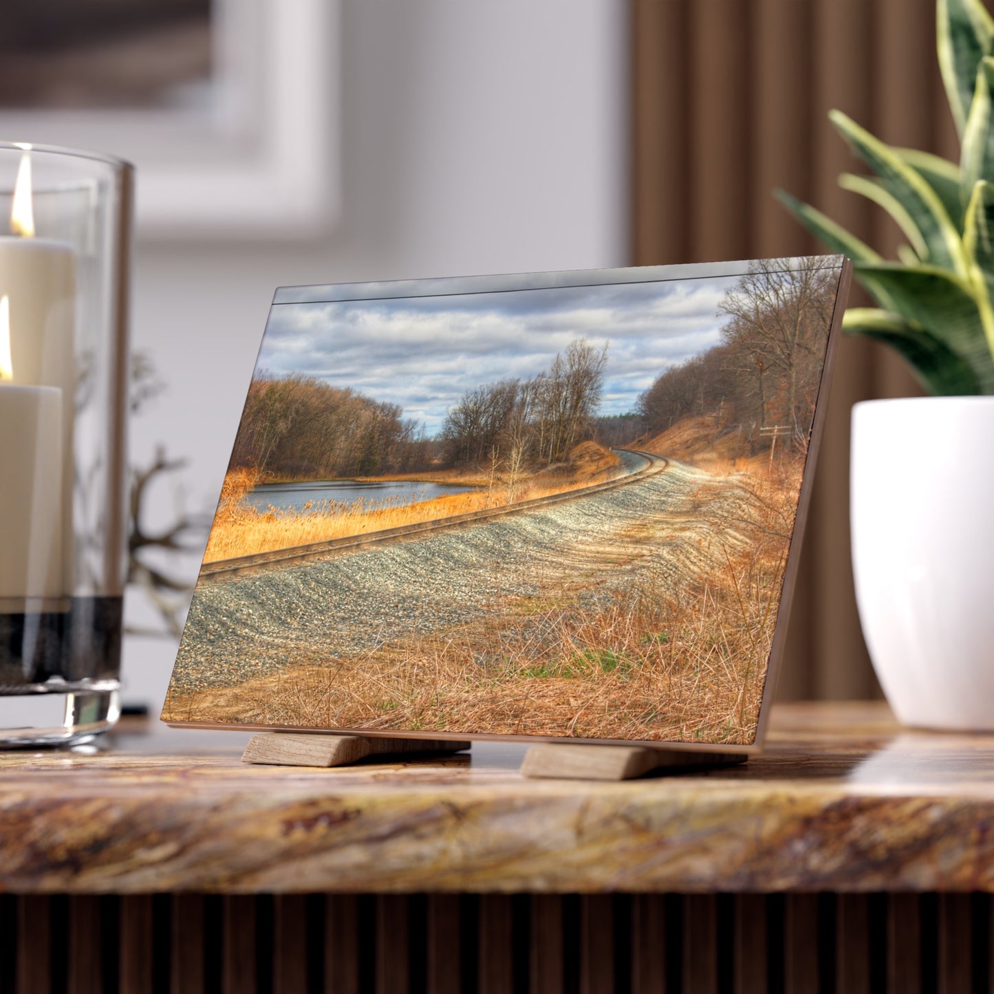 U R There Photography Aside the Tracks in Holly Rustic Farmhouse Decorative Ceramic Tile 6" × 8" Matte
