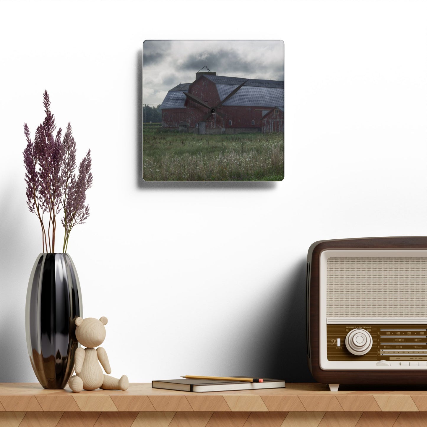 U R There Photography Glover Road Reds Rustic Farmhouse Acrylic Analog Wall Clock