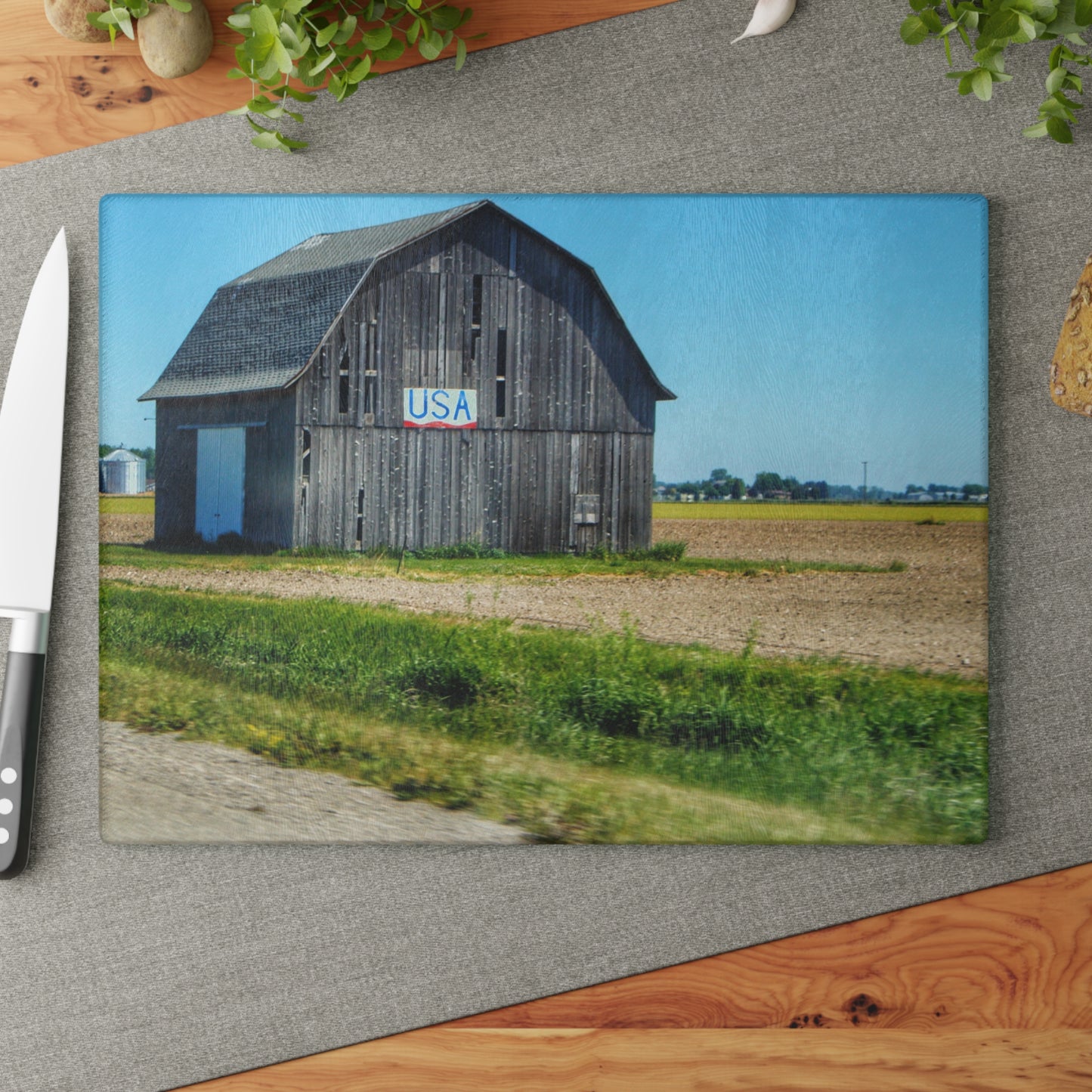 U R There Photography Unionville M-25 USA Grey Rustic Farmhouse Tempered-Glass Cutting Board
