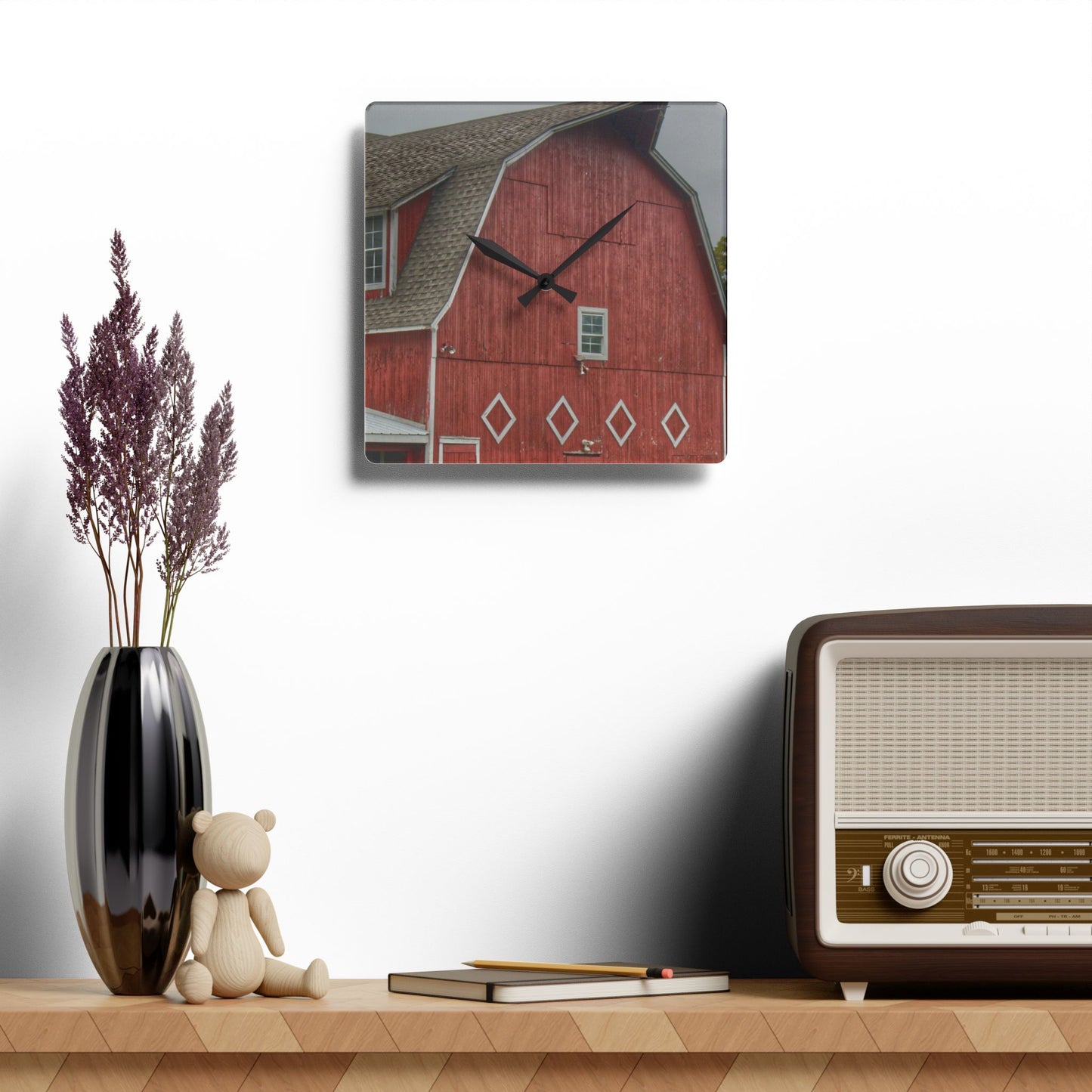 U R There Photography Brauer Road Red Rustic Farmhouse Acrylic Analog Wall Clock