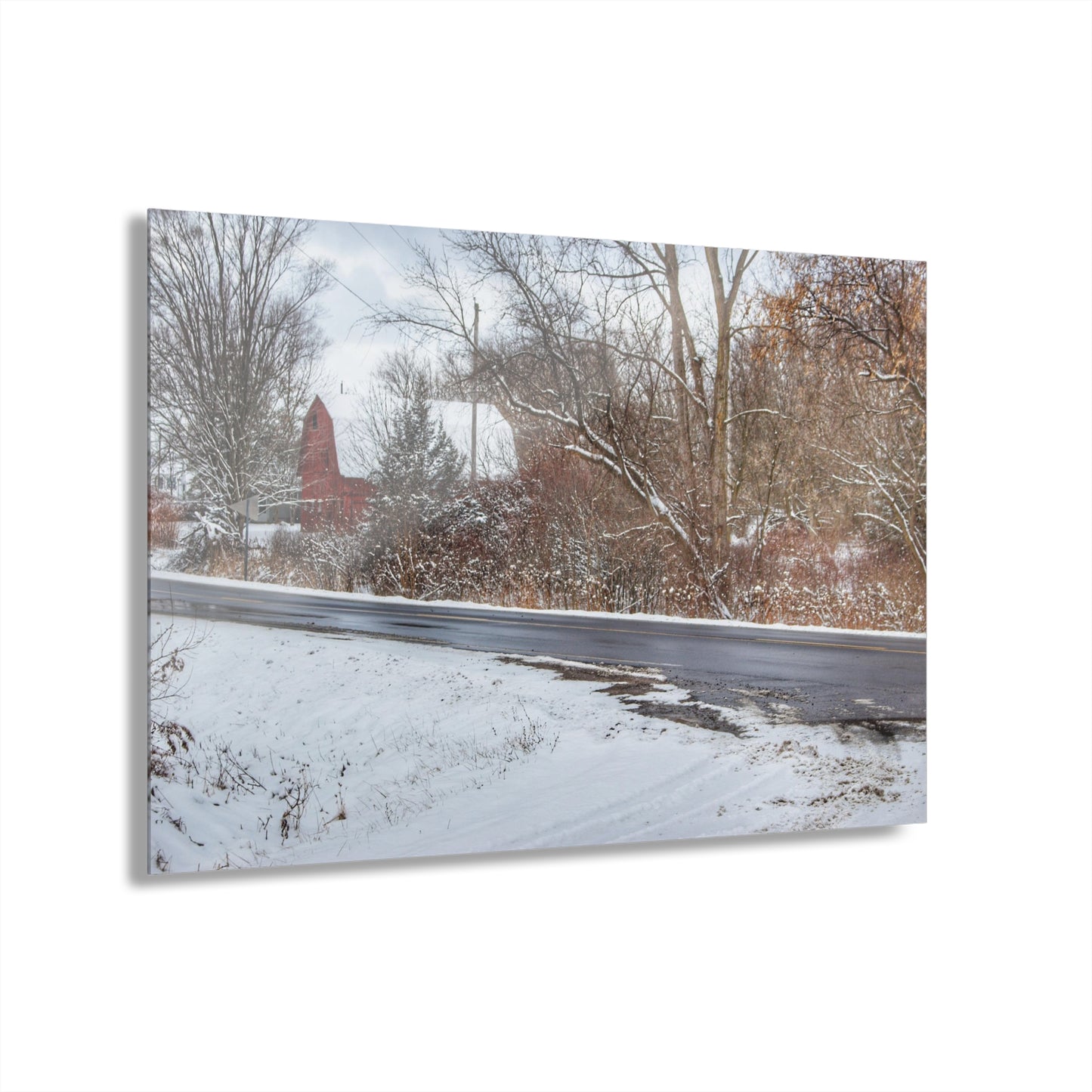 U R There Photography Dodge Road Winter Red Rustic Farmhouse Acrylic Wall Print