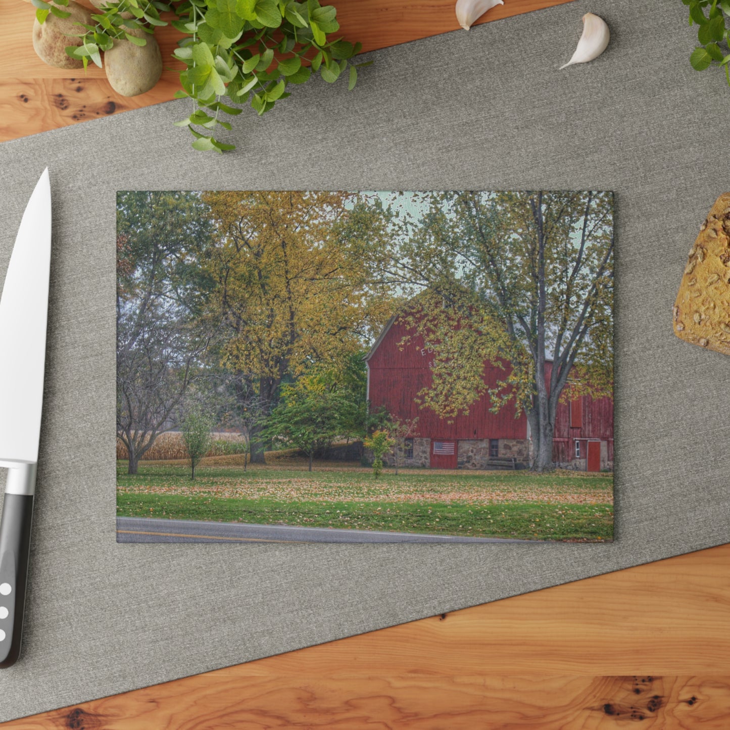 U R There Photography Mayville Lapeer Road Red in the Fall Rustic Farmhouse Tempered-Glass Cutting Board