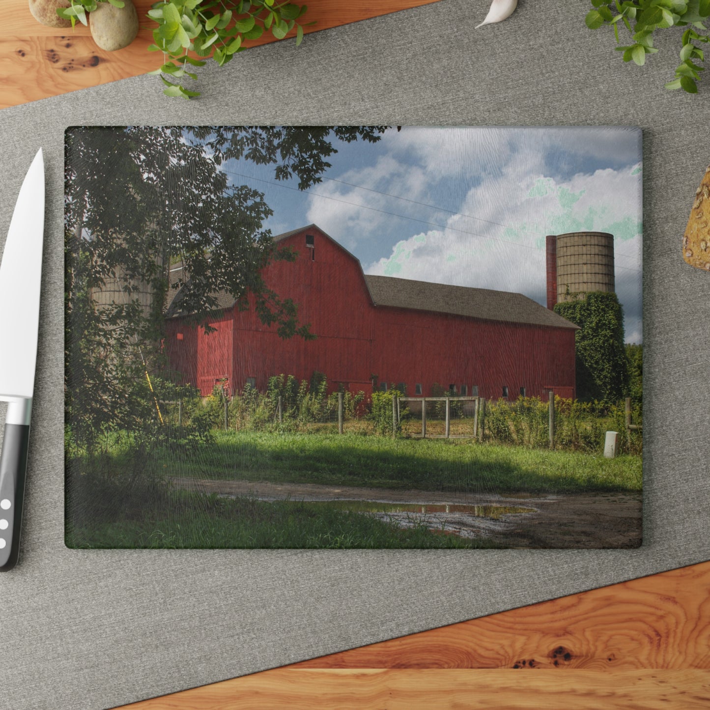 U R There Photography Metamora Road Red Rustic Farmhouse Tempered-Glass Cutting Board
