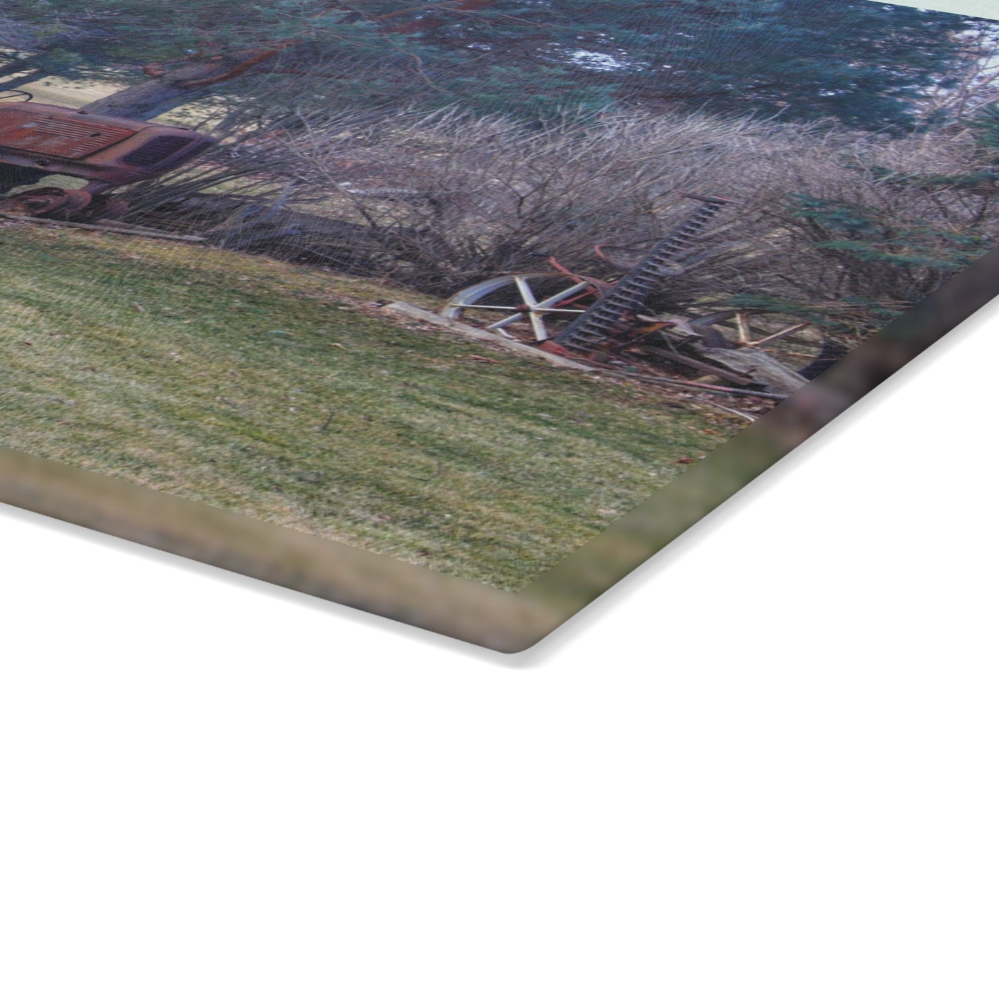 U R There Photography Casey Road Yard Art II Rustic Farmhouse Tempered-Glass Cutting Board