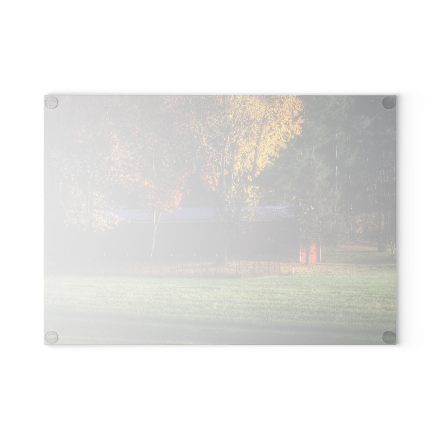 Barn Boutique Rustic Tempered-Glass Cutting Board| Red Barn on Foggy Fall Morning