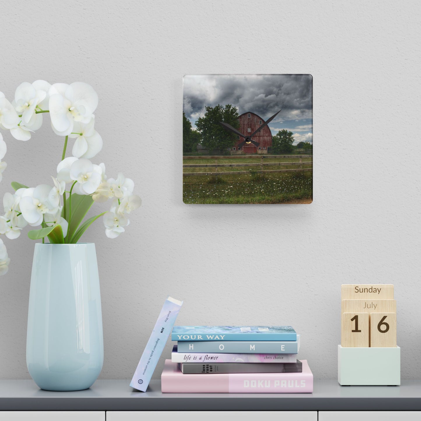 U R There Photography Elba Township Red Rustic Farmhouse Acrylic Analog Wall Clock
