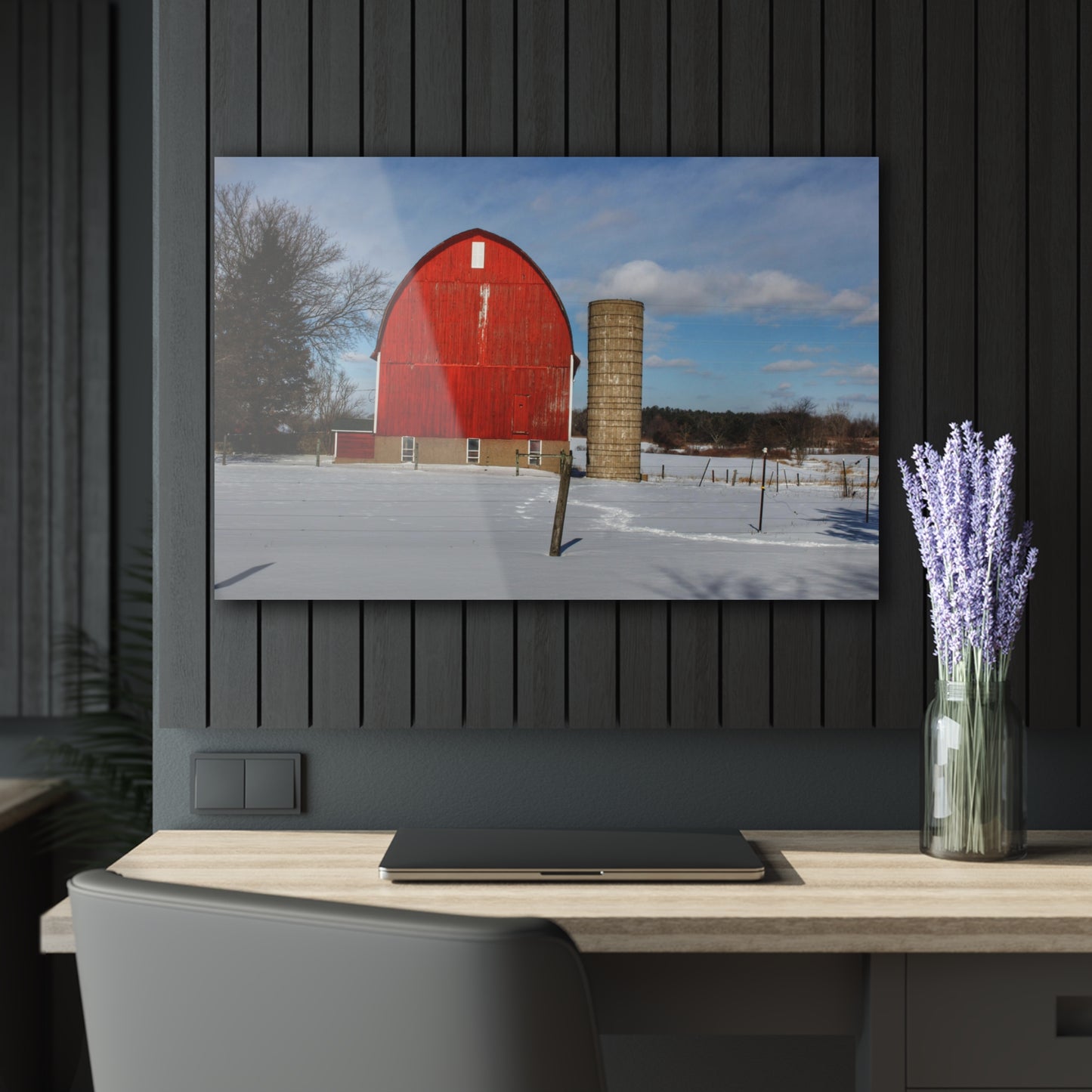 U R There Photography Barnes Road Winter Red Rustic Farmhouse Acrylic Wall Print