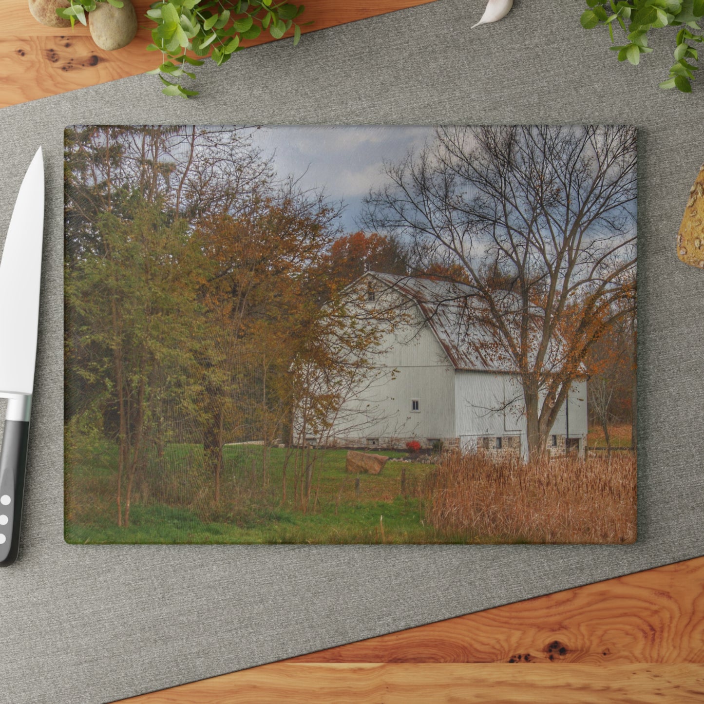 U R There Photography East Oakwood White Rustic Farmhouse Tempered-Glass Cutting Board