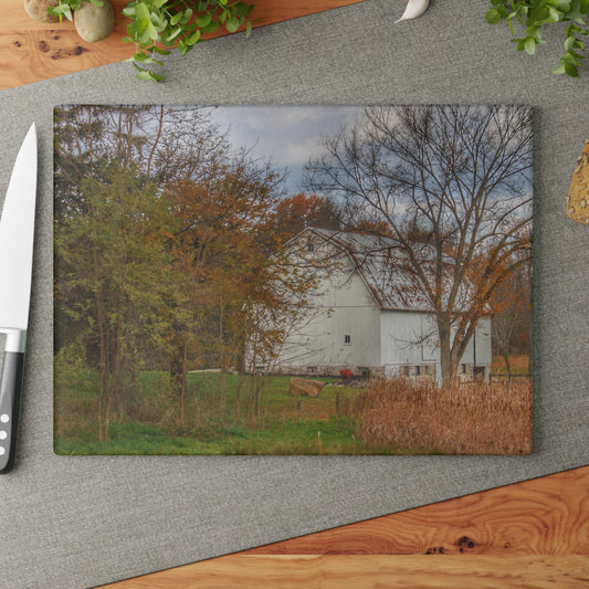 U R There Photography East Oakwood White Rustic Farmhouse Tempered-Glass Cutting Board