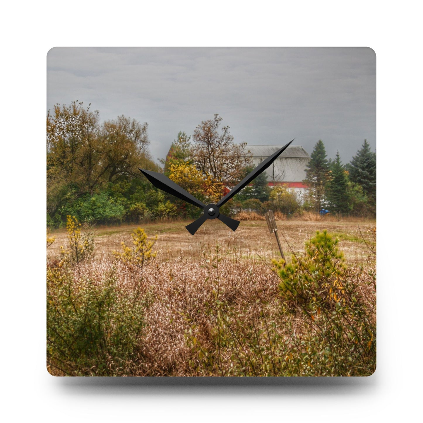 U R There Photography Hadley Road Hidden Red in Fall Rustic Farmhouse Acrylic Analog Wall Clock