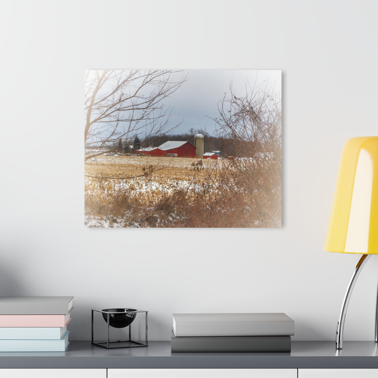 U R There Photography Brook Road Red in Winter Rustic Farmhouse Acrylic Wall Print