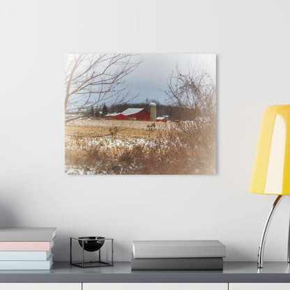 U R There Photography Brook Road Red in Winter Rustic Farmhouse Acrylic Wall Print
