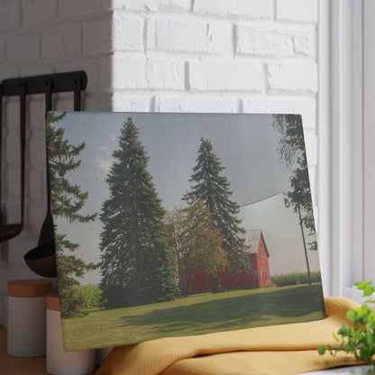 Barn Boutique Rustic Tempered-Glass Cutting Board| Small Red Barn Beneath the Pines