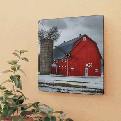 U R There Photography Hollow Corners Red Tree Silo I Rustic Farmhouse Acrylic Analog Wall Clock