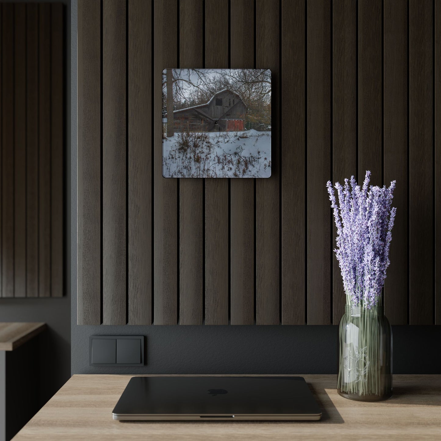 U R There Photography Hayes Road Grey in Winter II Rustic Farmhouse Acrylic Analog Wall Clock
