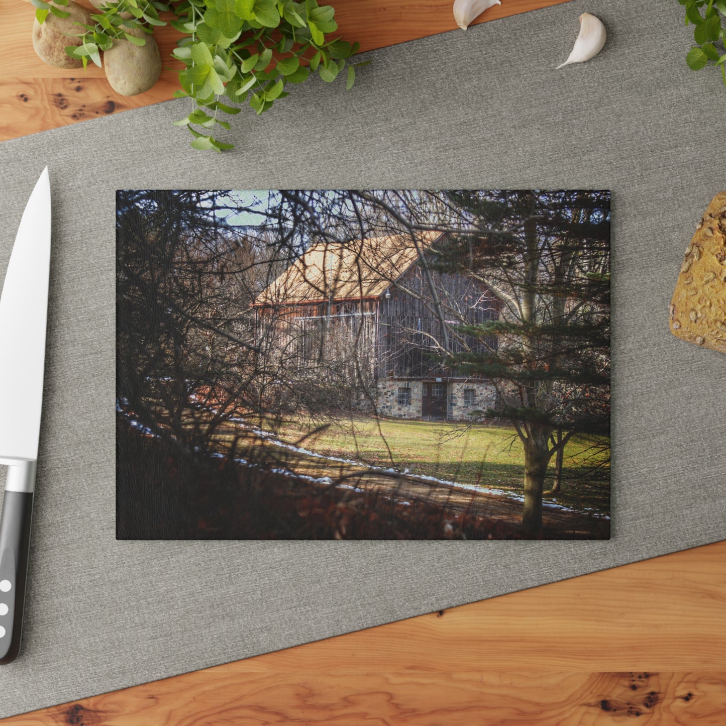 U R There Photography Newark Road Hidden Fieldstone Grey Rustic Farmhouse Tempered-Glass Cutting Board