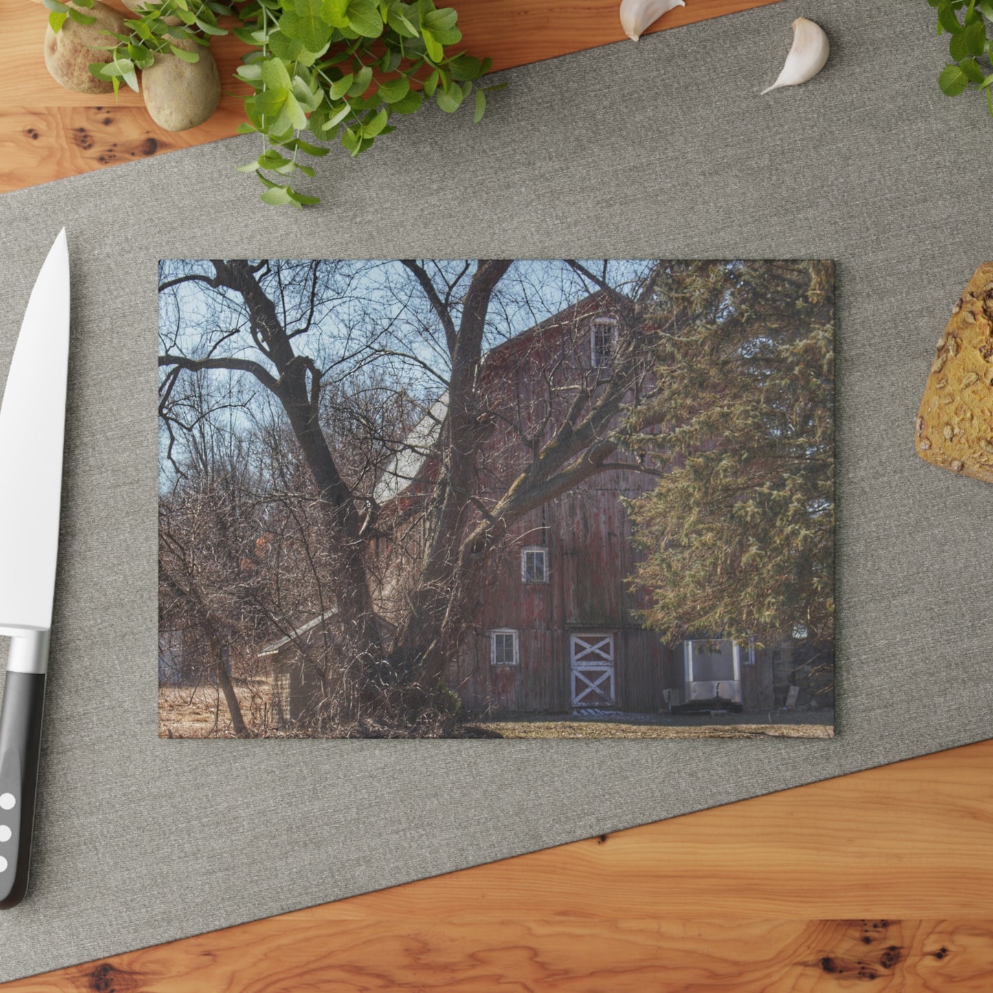 U R There Photography Lakeville Road Hidden Red Rustic Farmhouse Tempered-Glass Cutting Board