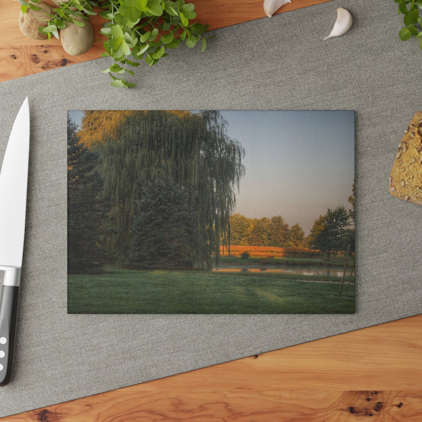 U R There Photography Sunrise on Willow Pond I Rustic Farmhouse Tempered-Glass Cutting Board