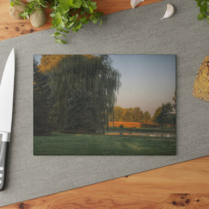 U R There Photography Sunrise on Willow Pond I Rustic Farmhouse Tempered-Glass Cutting Board