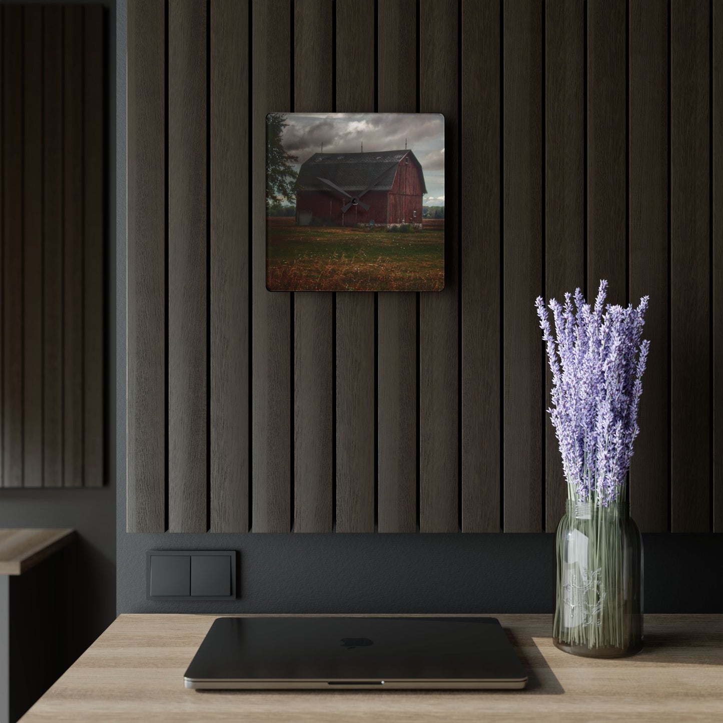 U R There Photography Fairgrove-Deckerville Red Rustic Farmhouse Acrylic Analog Wall Clock