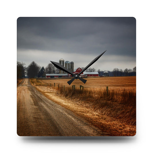 U R There Photography Across the Field on Daley Road Rustic Farmhouse Acrylic Analog Wall Clock 10.75'' × 10.75'' (Square)