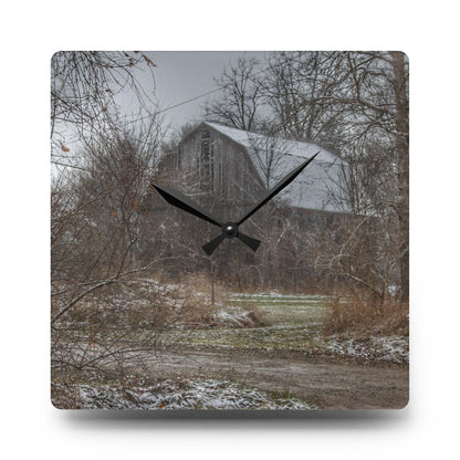 U R There Photography Bishop Road Winter Grey Rustic Farmhouse Acrylic Analog Wall Clock