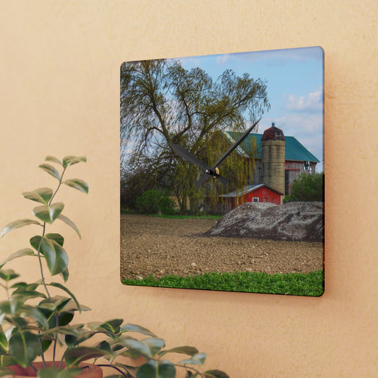 U R There Photography Cedar Creek Road Red Rustic Farmhouse Acrylic Analog Wall Clock